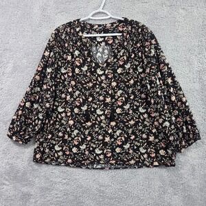 Old Navy Split Neck Smock Top XL Black Floral Long Sleeve Peasant Cottage Tassel